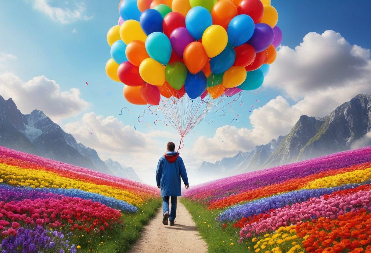 A vibrant scene depicting a person transforming from a dull gray figure into a colorful, radiant version of themselves, surrounded by symbols of happiness like balloons, sunshine, and flowers. The background features a gradual transition from a gloomy landscape to a bright, joyful environment filled with uplifting elements. Incorporate a visual metaphor for TFG Solutions, such as a toolbox filled with colorful tools for happiness. super-realistic. vibrant colors. dynamic composition.