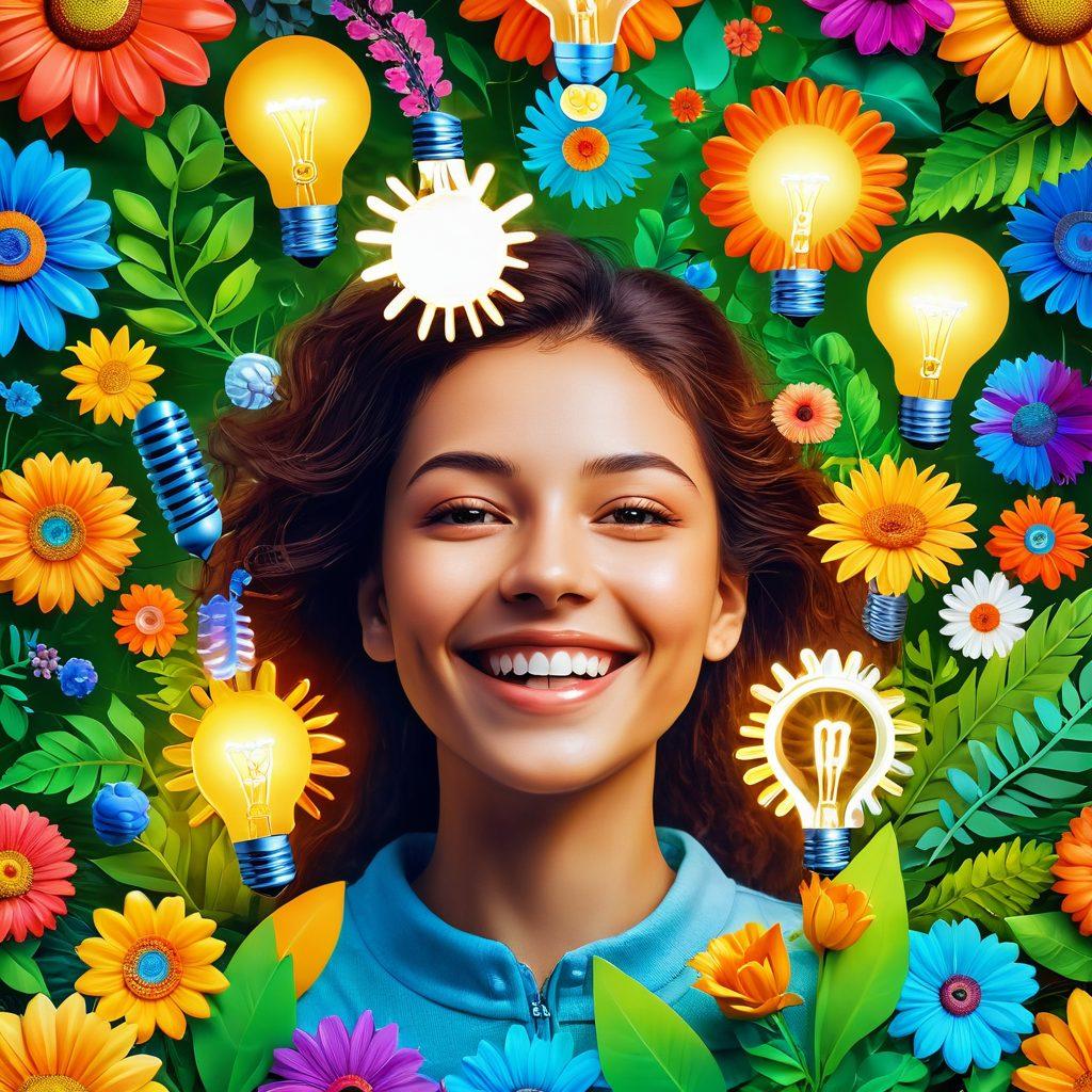 A visually stunning representation of a person joyfully embracing life, surrounded by vibrant symbols of innovation such as light bulbs, gears, and technology merging with nature elements like flowers and sunlight. The background features a tranquil landscape that conveys serenity and happiness. The overall scene radiates positivity and a sense of fulfillment. super-realistic. vibrant colors. 3D.