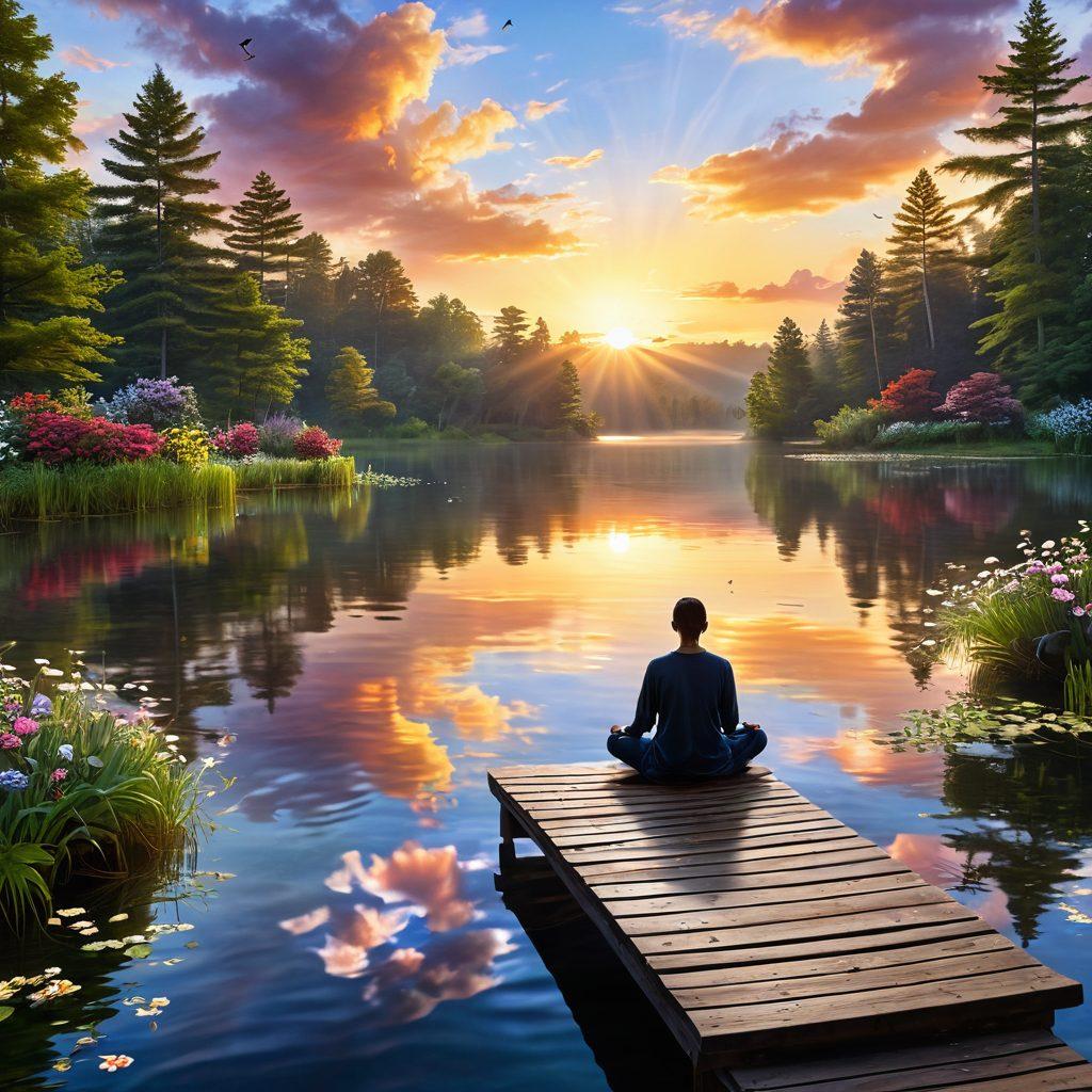 A serene landscape depicting a peaceful sunrise over a tranquil lake, with a person meditating on a small wooden dock. Surrounding the scene, vibrant flowers and lush greenery symbolize growth and happiness. Light rays breaking through clouds represent enlightenment. Add elements of gentle waves and birds in flight for a sense of freedom. super-realistic. vibrant colors. tranquil atmosphere.